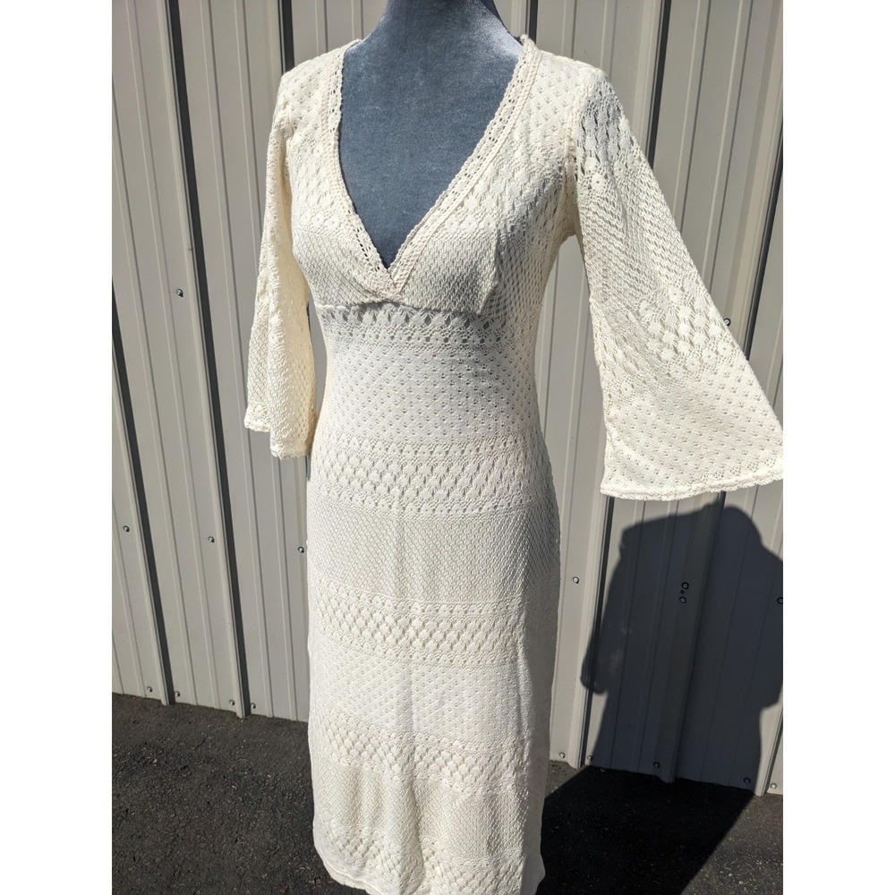 Vintage 90s Crochet Lace Bell Sleeve Dress S/M Cream Boho Whimsigoth Empire USA